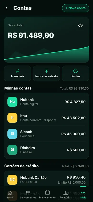 Tela do Alpende: Contas e cartões