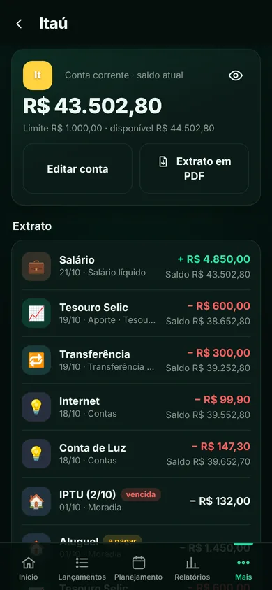 Tela do Alpende: Extrato da conta
