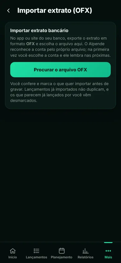 Tela do Alpende: Importar extrato OFX