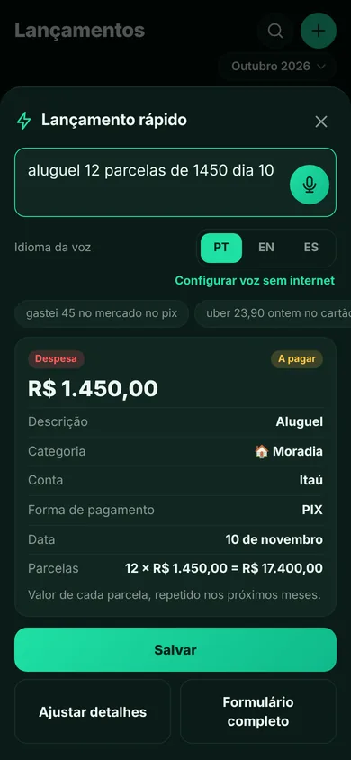 Tela do Alpende: Lançamento rápido por voz