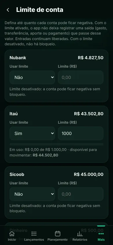 Tela do Alpende: Limite de conta