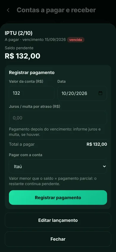 Tela do Alpende: Pagamento parcial