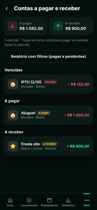 Tela do Alpende: Contas a pagar e receber