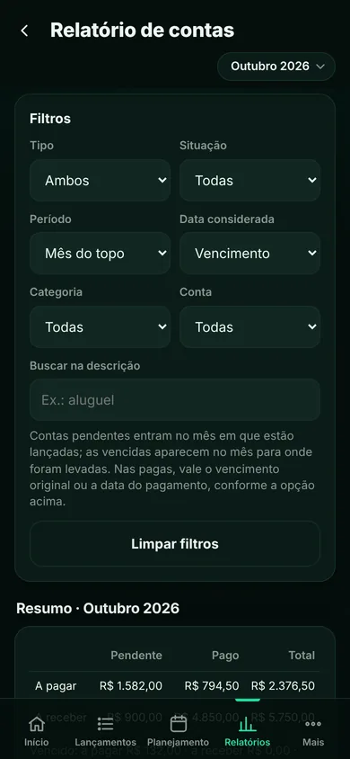 Tela do Alpende: Relatório de contas